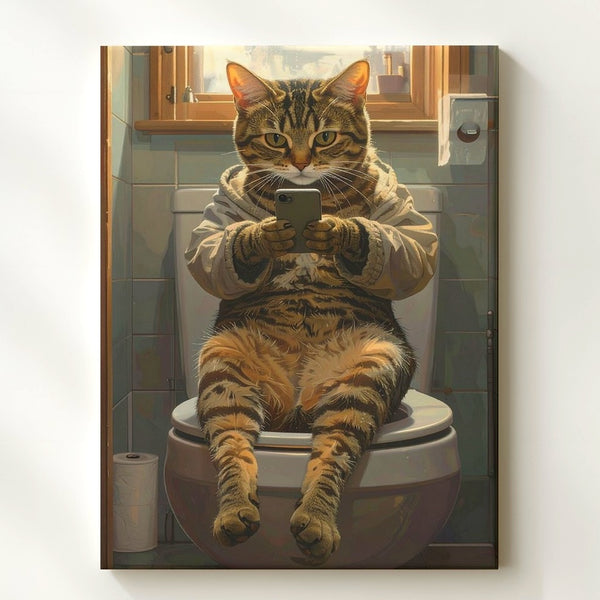 Bathroom Selfie Cat Canvas – Funny Tabby on Toilet with Smartphone - Gifitto
