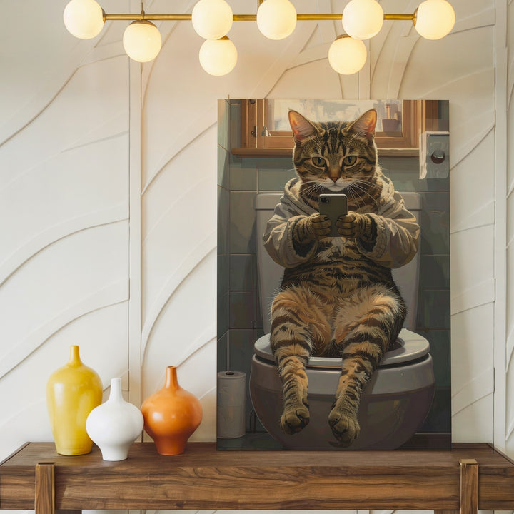 Bathroom Selfie Cat Canvas – Funny Tabby on Toilet with Smartphone - Gifitto