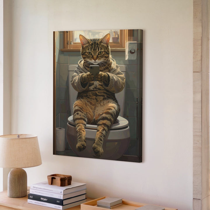 Bathroom Selfie Cat Canvas – Funny Tabby on Toilet with Smartphone - Gifitto