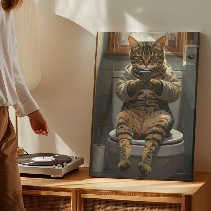 Bathroom Selfie Cat Canvas – Funny Tabby on Toilet with Smartphone - Gifitto