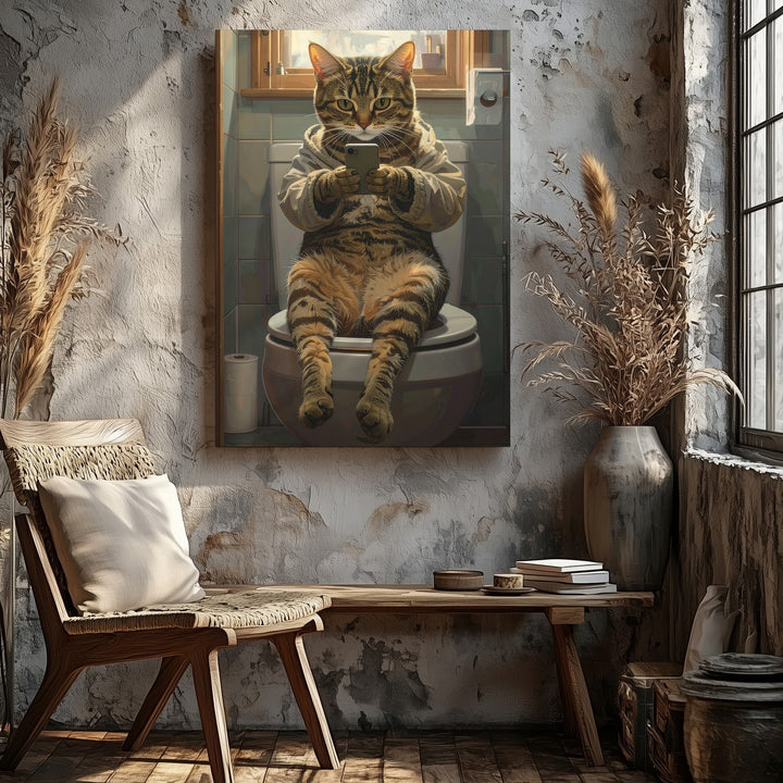Bathroom Selfie Cat Canvas – Funny Tabby on Toilet with Smartphone - Gifitto