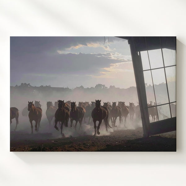 Galloping Herd at Dawn Canvas – Moody Equestrian Landscape Art - Gifitto