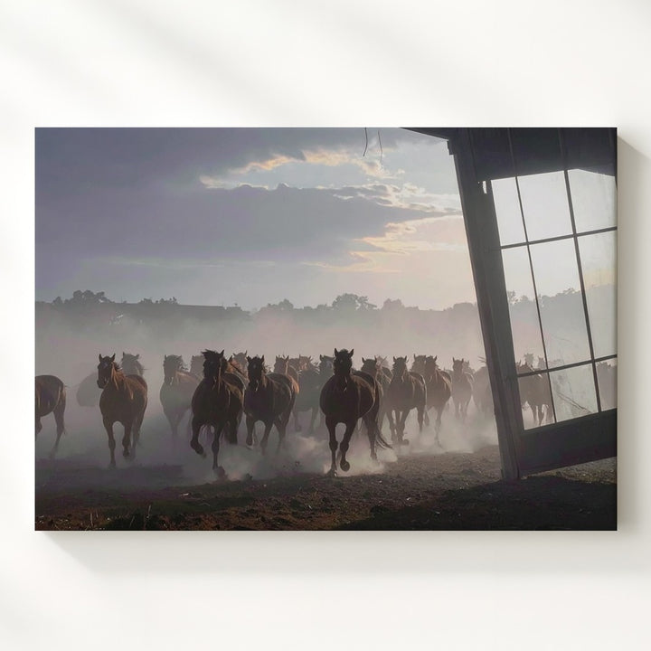 Galloping Herd at Dawn Canvas – Moody Equestrian Landscape Art - Gifitto