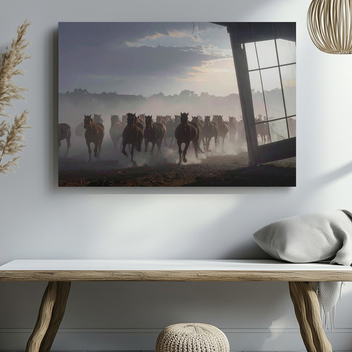 Galloping Herd at Dawn Canvas – Moody Equestrian Landscape Art - Gifitto