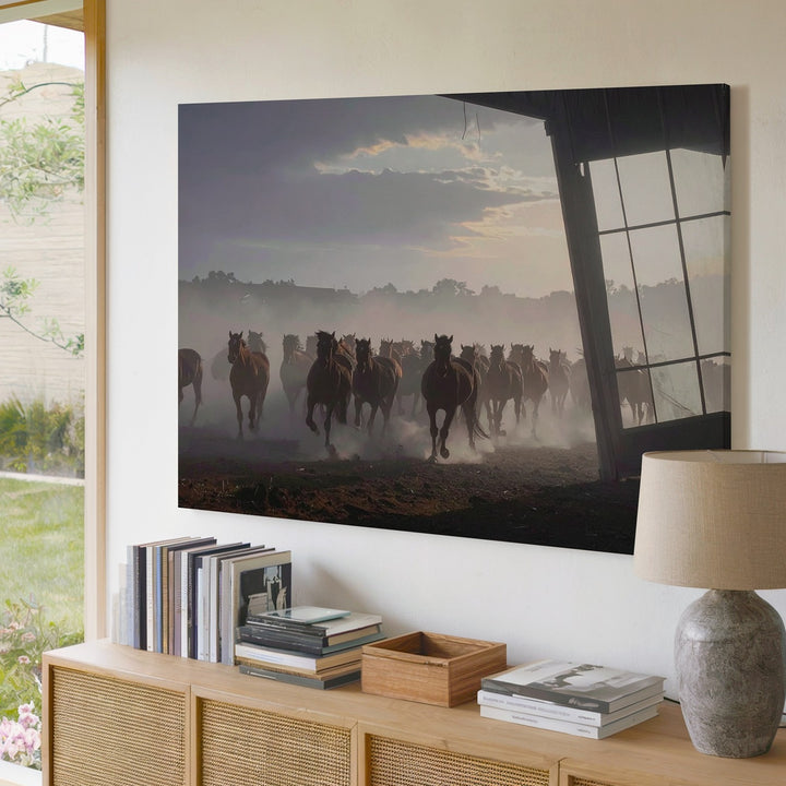 Galloping Herd at Dawn Canvas – Moody Equestrian Landscape Art - Gifitto