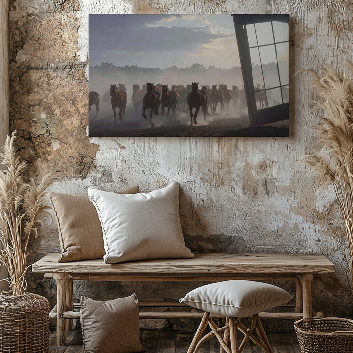 Galloping Herd at Dawn Canvas – Moody Equestrian Landscape Art - Gifitto