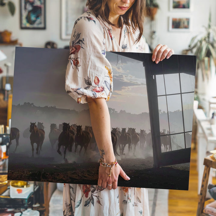 Galloping Herd at Dawn Canvas – Moody Equestrian Landscape Art - Gifitto
