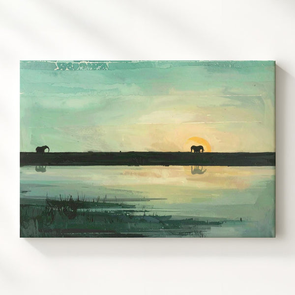 Elephant Sunrise Reflection Canvas – Minimalist Wildlife Landscape Art - Gifitto