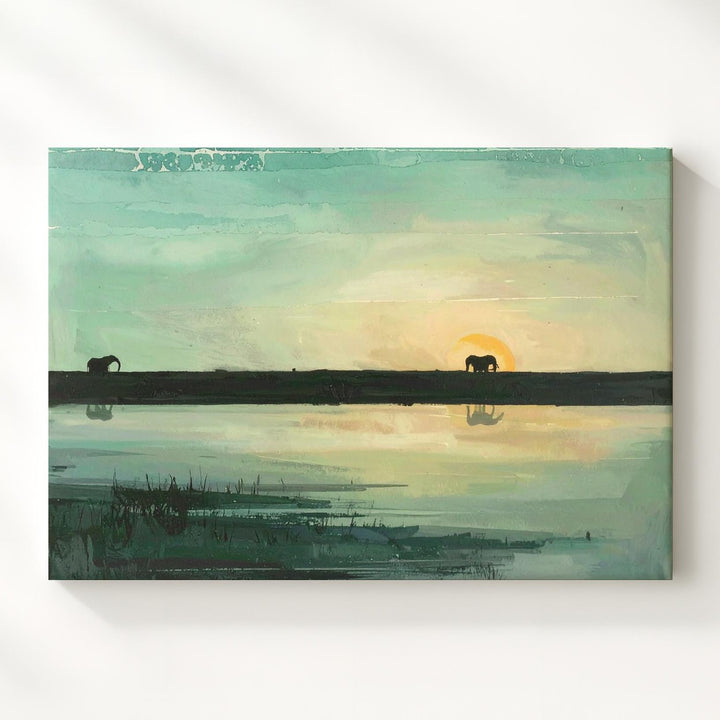 Elephant Sunrise Reflection Canvas – Minimalist Wildlife Landscape Art - Gifitto