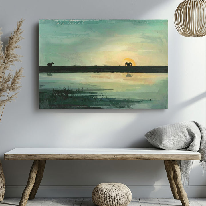 Elephant Sunrise Reflection Canvas – Minimalist Wildlife Landscape Art - Gifitto