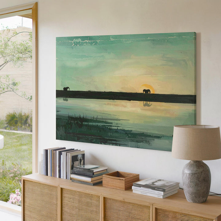 Elephant Sunrise Reflection Canvas – Minimalist Wildlife Landscape Art - Gifitto