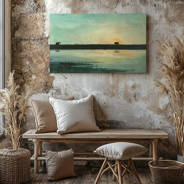 Elephant Sunrise Reflection Canvas – Minimalist Wildlife Landscape Art - Gifitto