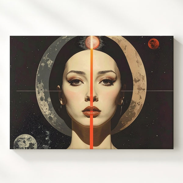 Cosmic Alignment Portrait Canvas – Surreal Woman with Halo and Celestial Symbols - Gifitto