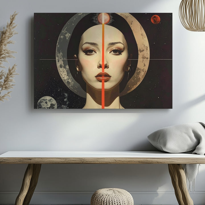 Cosmic Alignment Portrait Canvas – Surreal Woman with Halo and Celestial Symbols - Gifitto