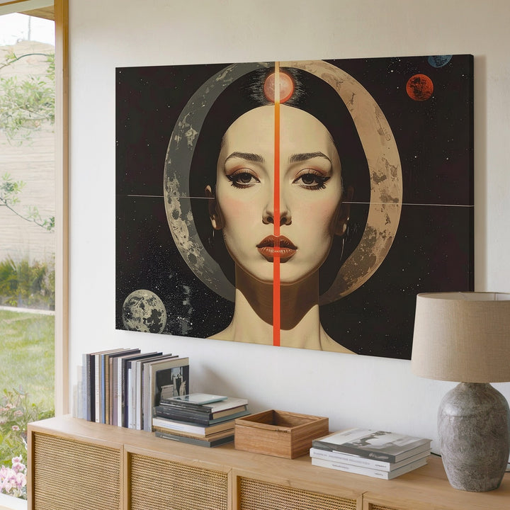 Cosmic Alignment Portrait Canvas – Surreal Woman with Halo and Celestial Symbols - Gifitto
