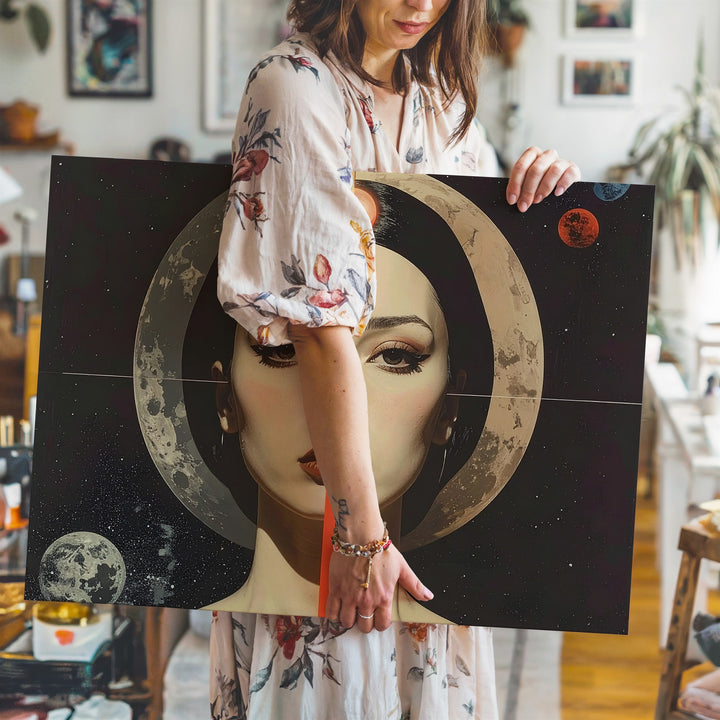 Cosmic Alignment Portrait Canvas – Surreal Woman with Halo and Celestial Symbols - Gifitto
