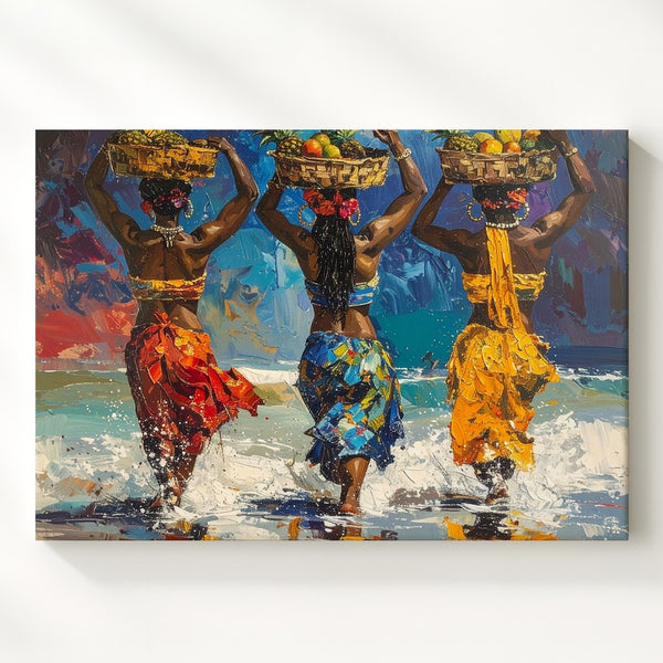 Tropical Rhythm Canvas – Women with Fruit Baskets in Shallow Water Art - Gifitto