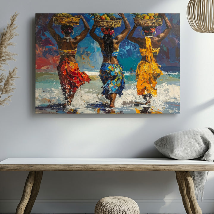 Tropical Rhythm Canvas – Women with Fruit Baskets in Shallow Water Art - Gifitto