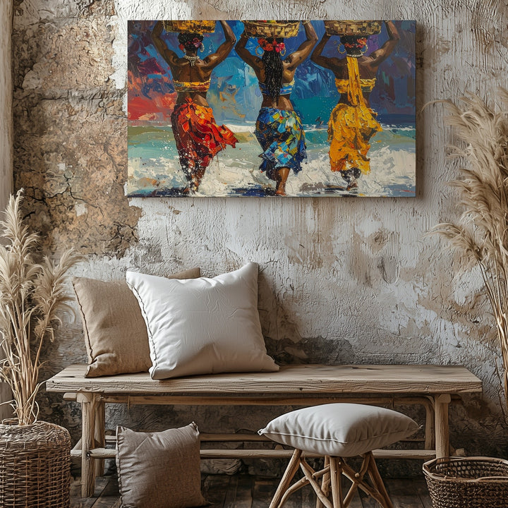 Tropical Rhythm Canvas – Women with Fruit Baskets in Shallow Water Art - Gifitto