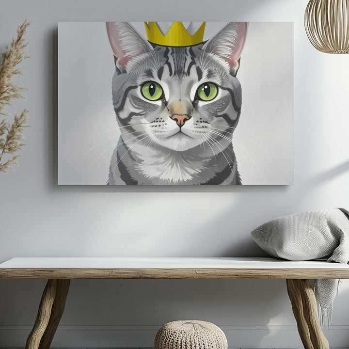 Royal Tabby Cat Canvas – Cartoon-Style Cat with Yellow Crown - Gifitto