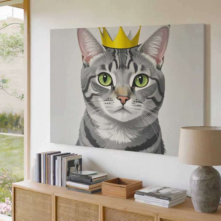 Royal Tabby Cat Canvas – Cartoon-Style Cat with Yellow Crown - Gifitto