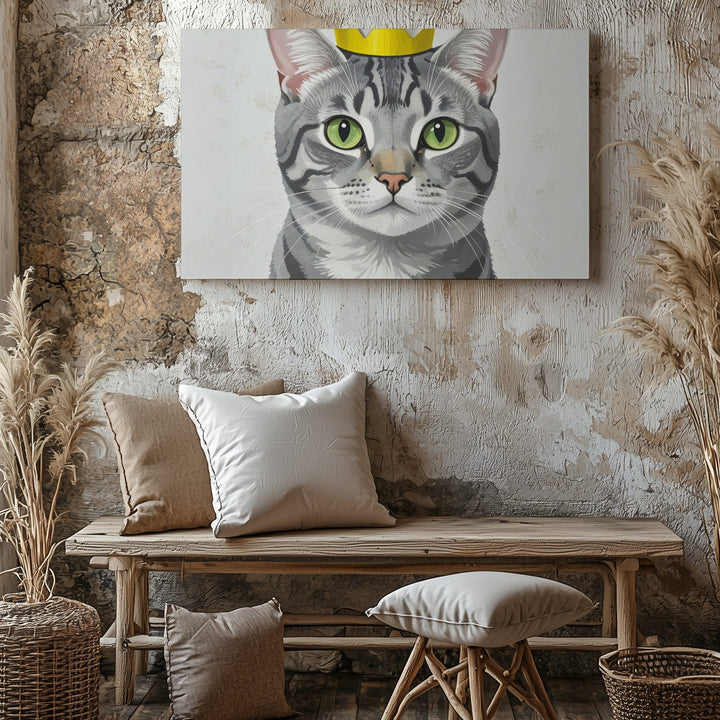Royal Tabby Cat Canvas – Cartoon-Style Cat with Yellow Crown - Gifitto