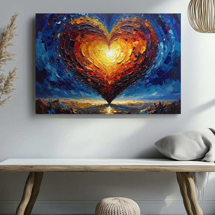 Radiant Heart Oil Canvas – Textured Warmth Against Indigo Night - Gifitto