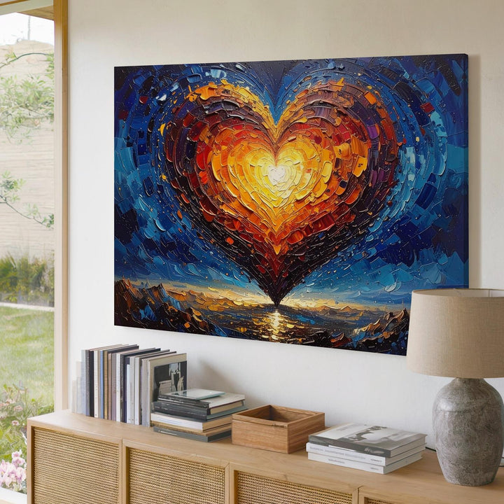 Radiant Heart Oil Canvas – Textured Warmth Against Indigo Night - Gifitto