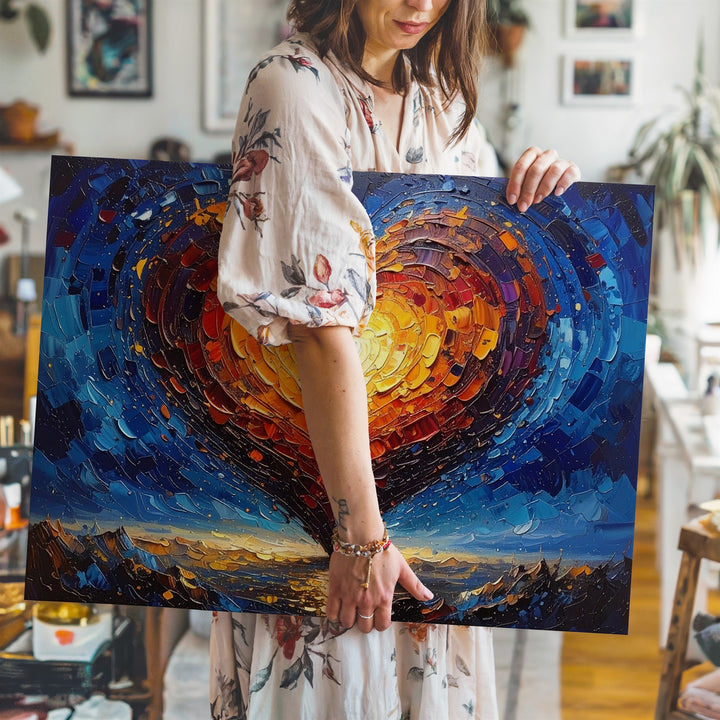 Radiant Heart Oil Canvas – Textured Warmth Against Indigo Night - Gifitto