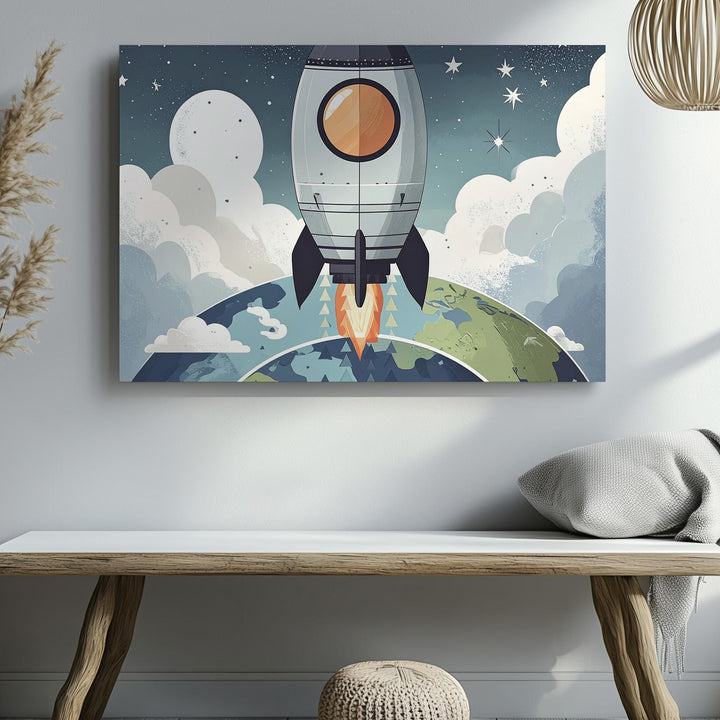 Playful Rocket Launch Canvas – Space Adventure Nursery Wall Art - Gifitto