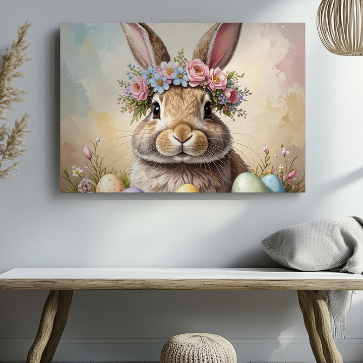 Flower Crown Rabbit Canvas – Soft Springtime Wall Art - Gifitto