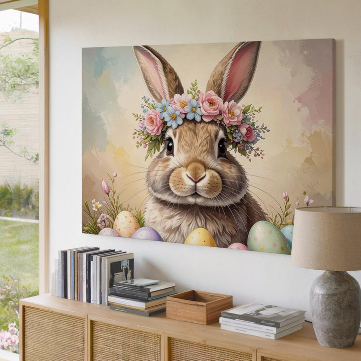 Flower Crown Rabbit Canvas – Soft Springtime Wall Art - Gifitto