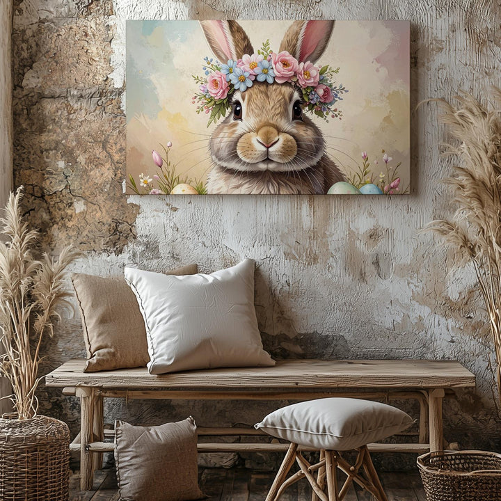 Flower Crown Rabbit Canvas – Soft Springtime Wall Art - Gifitto