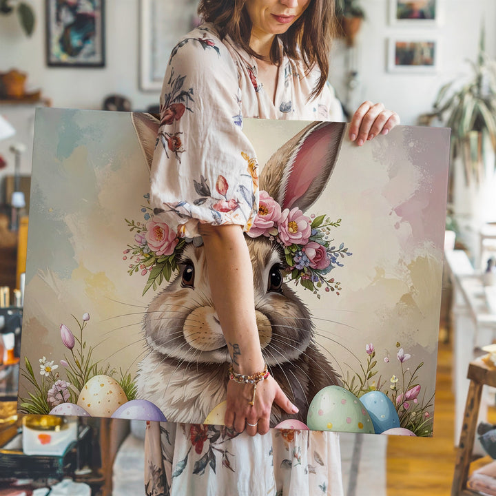 Flower Crown Rabbit Canvas – Soft Springtime Wall Art - Gifitto