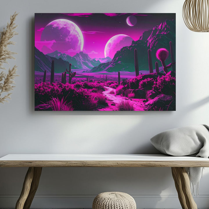 Neon Alien Pathway Canvas – Luminous Plants and Glowing Moons - Gifitto