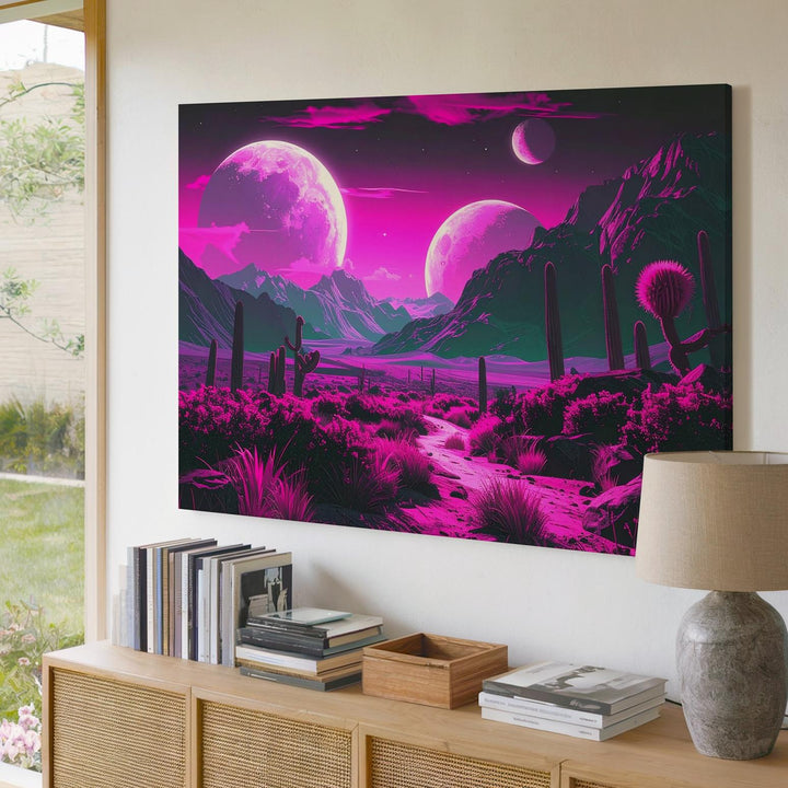 Neon Alien Pathway Canvas – Luminous Plants and Glowing Moons - Gifitto