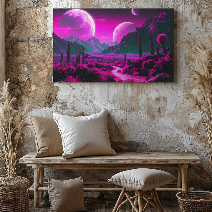 Neon Alien Pathway Canvas – Luminous Plants and Glowing Moons - Gifitto