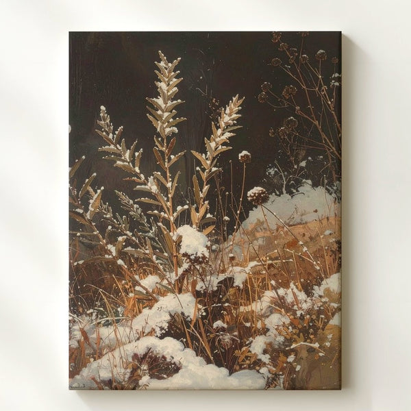 Winter Foliage Canvas – Detailed View of Snow-Covered Grasses and Seed Pods