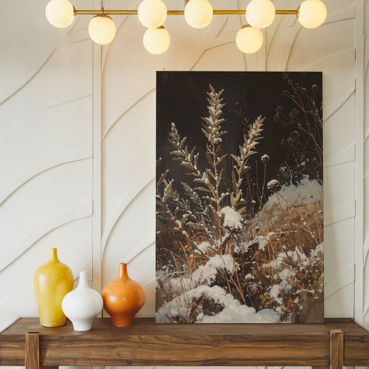 Winter Foliage Canvas – Detailed View of Snow-Covered Grasses and Seed Pods - Gifitto