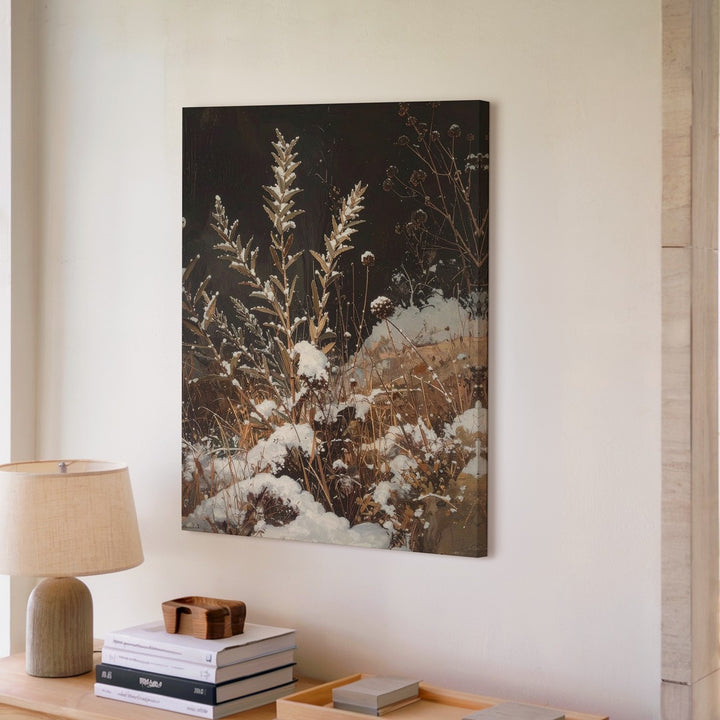 Winter Foliage Canvas – Detailed View of Snow-Covered Grasses and Seed Pods - Gifitto