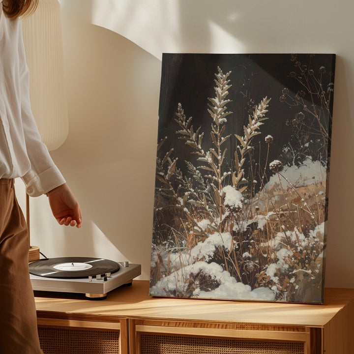 Winter Foliage Canvas – Detailed View of Snow-Covered Grasses and Seed Pods - Gifitto