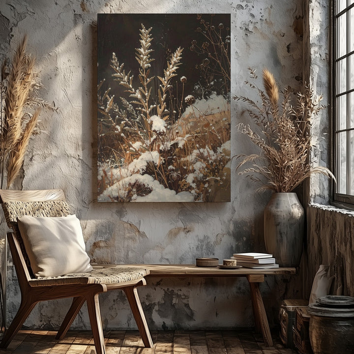 Winter Foliage Canvas – Detailed View of Snow-Covered Grasses and Seed Pods - Gifitto