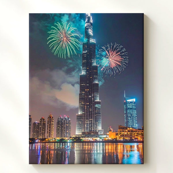 Burj Khalifa Fireworks Canvas – Dramatic Nighttime View with Green Fireworks