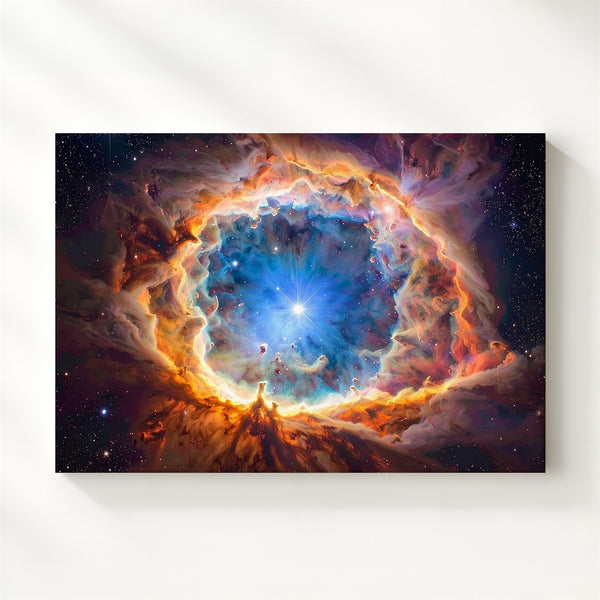 Flaming Gem Nebula Canvas – Blue Planetary Core with Fiery Halo - Gifitto