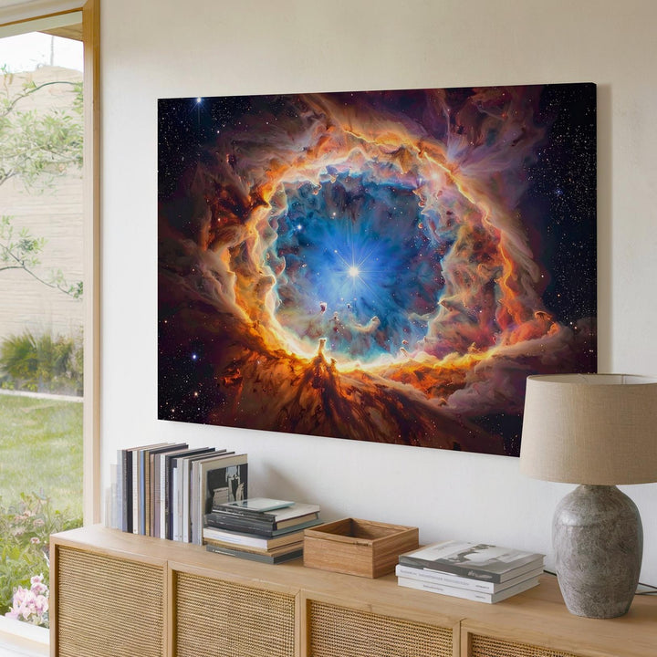 Flaming Gem Nebula Canvas – Blue Planetary Core with Fiery Halo - Gifitto