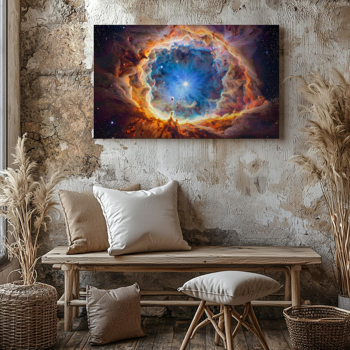 Flaming Gem Nebula Canvas – Blue Planetary Core with Fiery Halo - Gifitto
