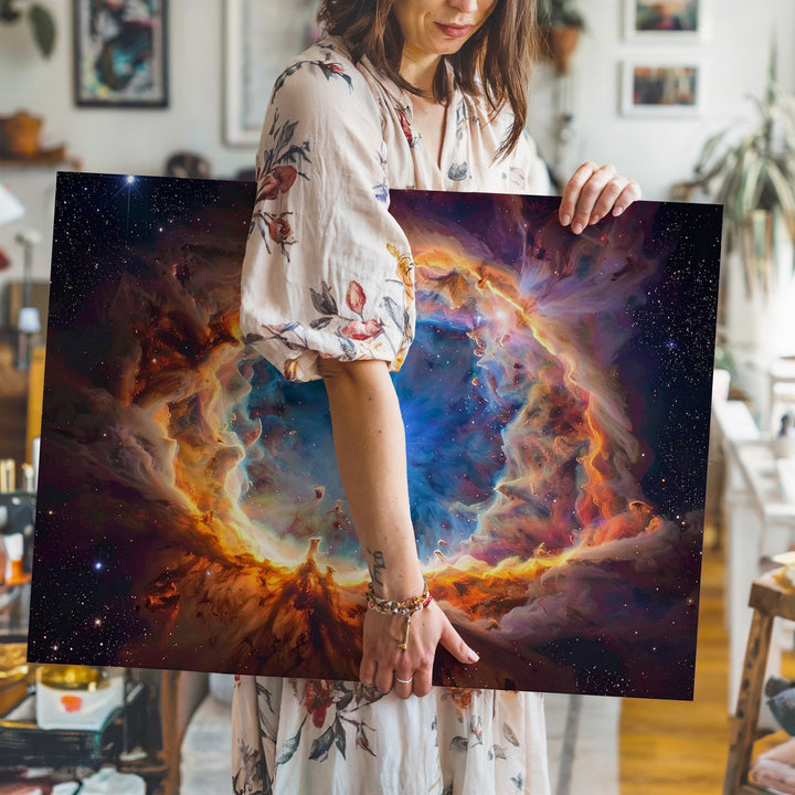Flaming Gem Nebula Canvas – Blue Planetary Core with Fiery Halo - Gifitto