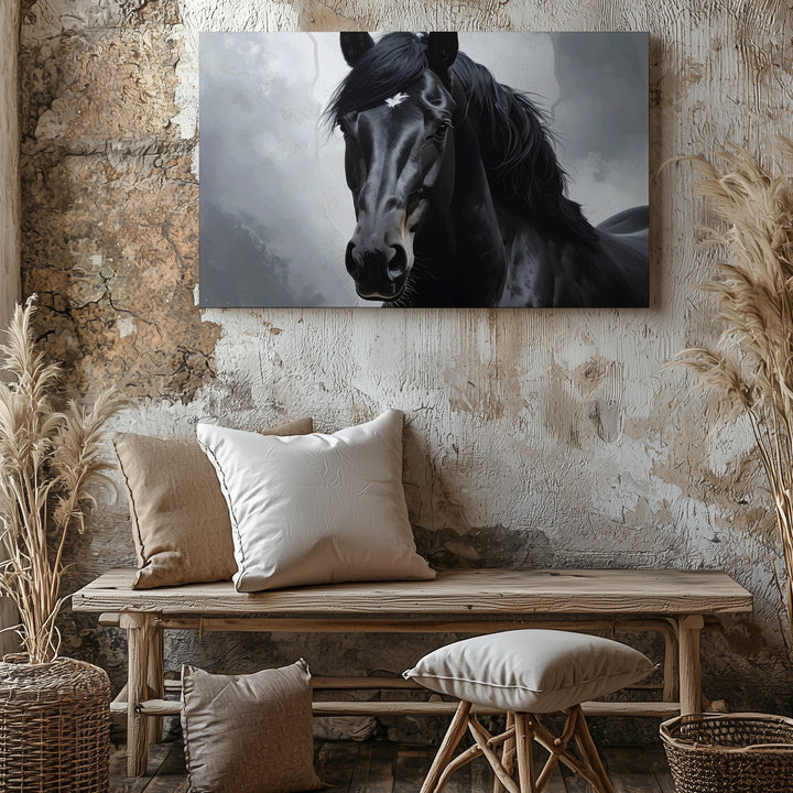 Black Horse Portrait Canvas – Hyper-Realistic Equestrian Art - Gifitto