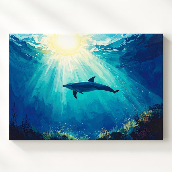 Serene Dolphin Swim Canvas – Peaceful Underwater Sunlit Art