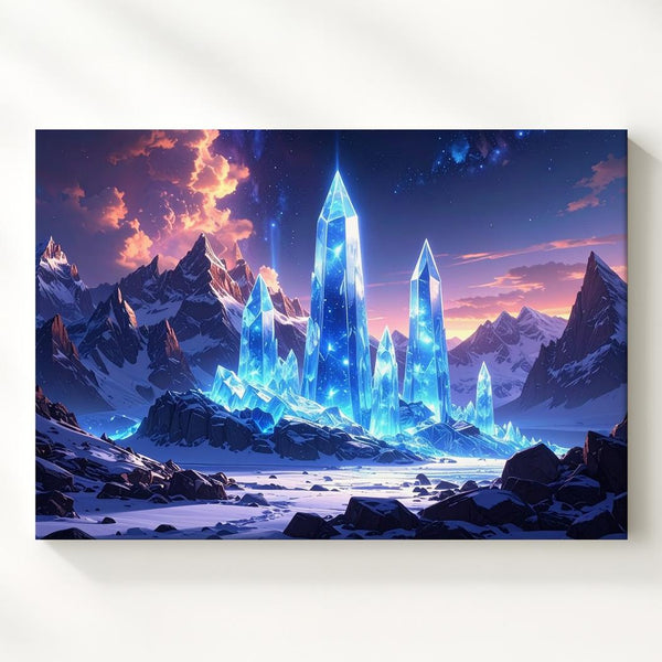 Surreal Winter Landscape Canvas – Glowing Blue Crystals in Snowy Mountain Range - Gifitto
